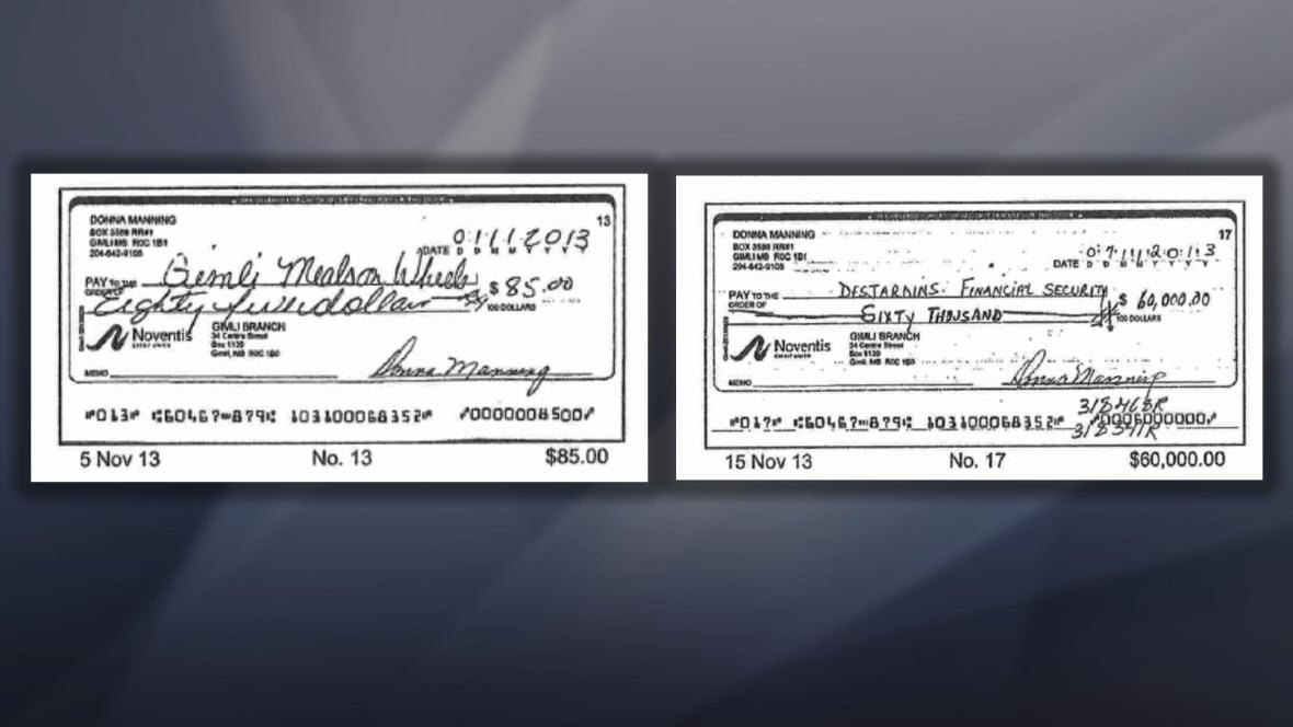 A cheque for $85 for Meals on Wheels and a cheque for $60,000 for Desjardins.