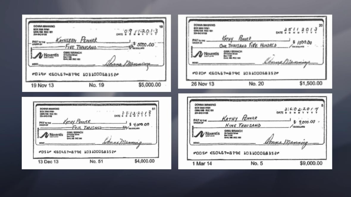 Four cheques addressed to Kathy Penner. One for $5,000, one for $1,500, one for $4,000 and one for $9,000