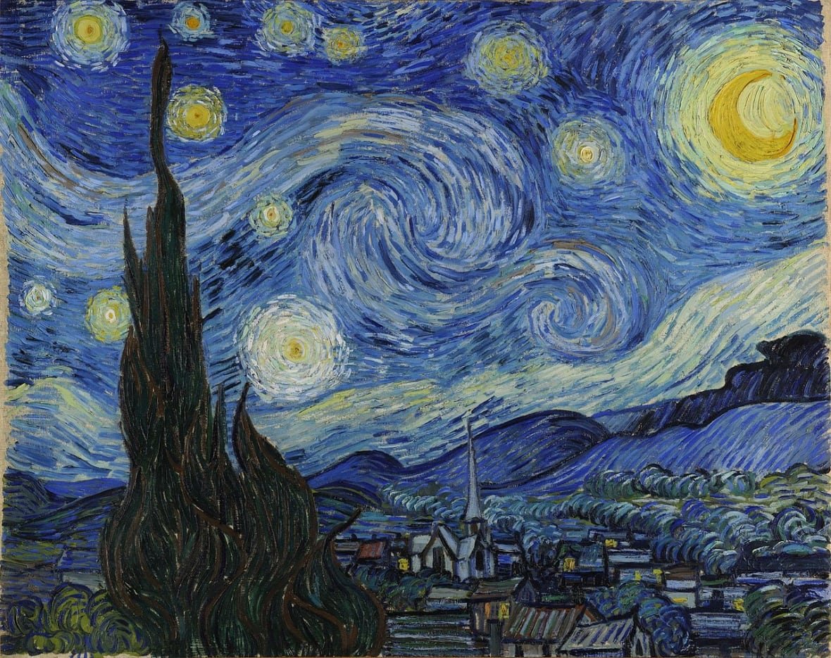 The image shows Vincent van Gogh's painting, The Starry Night, of a landscape at night with the silhouette of a tree in the foreground, a small village at the base of some hills, with a wide sky depicting impressionistic swirling brushstrokes around the stars, moon, a planet that looks like a bright star and clouds.
