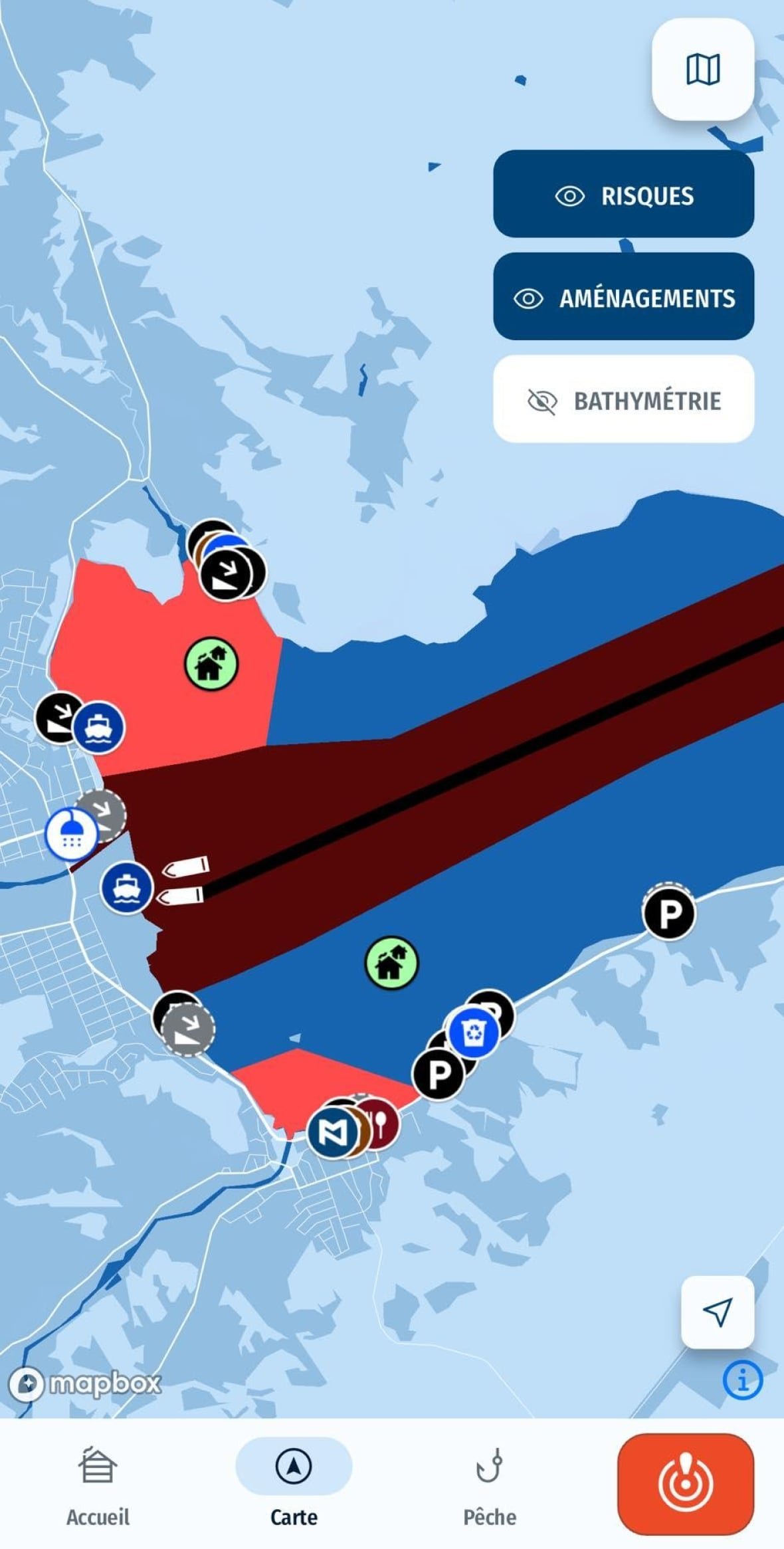 An app displays a map of a river in Quebec
