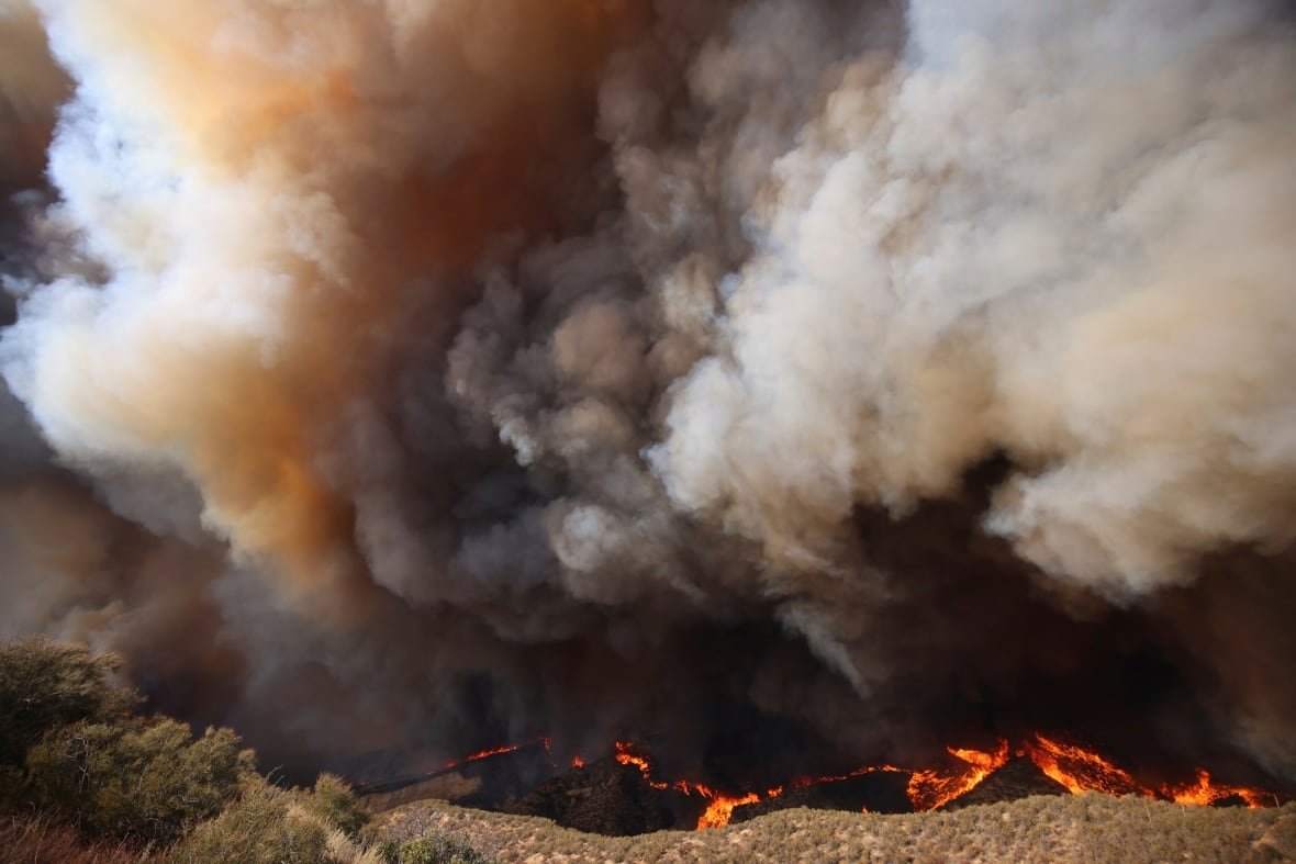 Plumes of smoke rise from a wildfire.