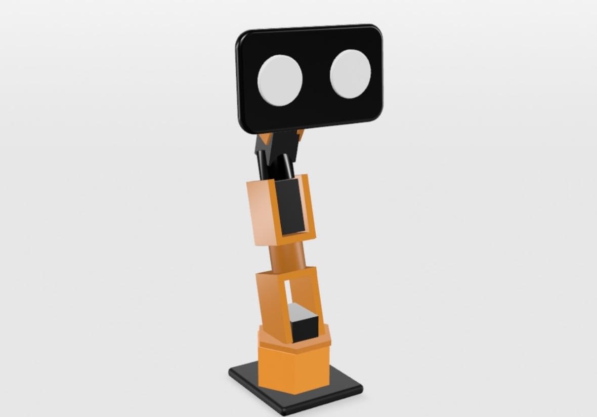 A rendering of a robot, with a thin metallic stem leading up to a screen with two eyes.