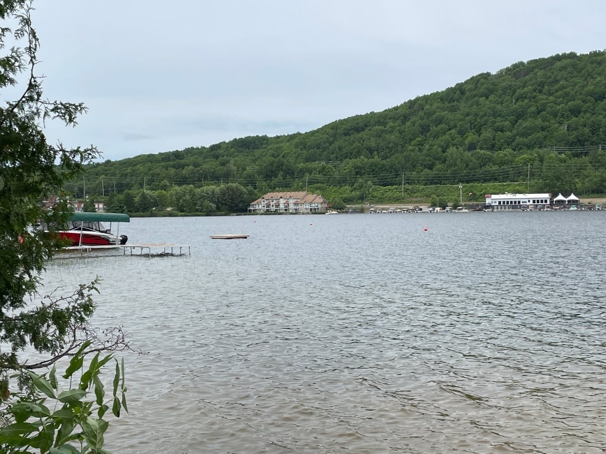 A lake with a dock to the left.