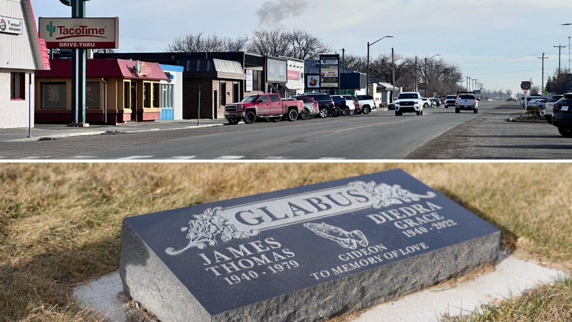 A shot of small town main street and below, a picture of a gravestone. 