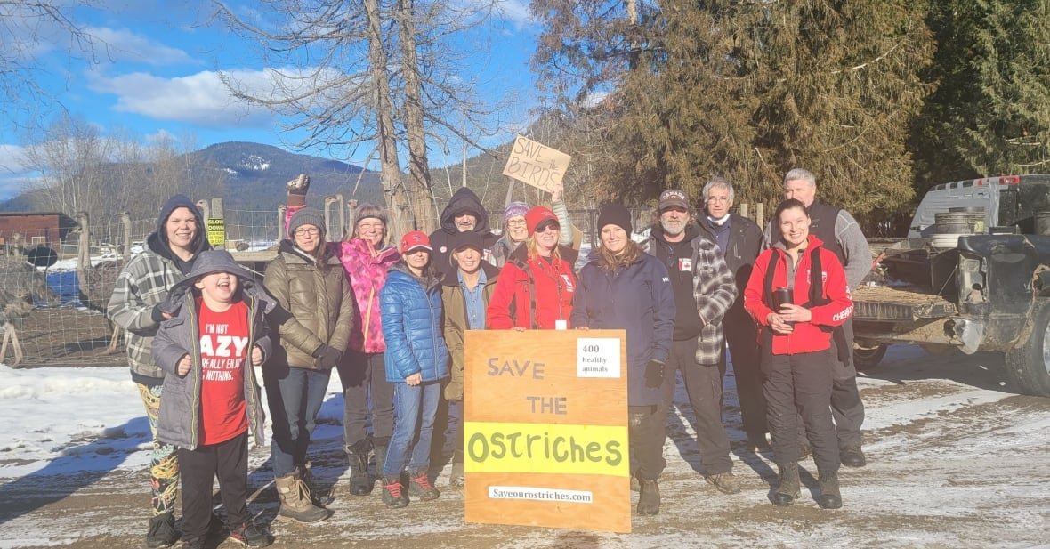 A group of people with a sign that reads 'Save Our Ostriches.'