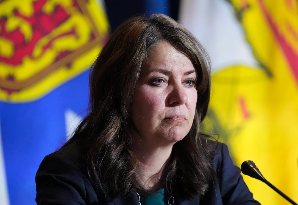 Alberta Premier Danielle Smith speaks to the media during the fall meetings of Canada's premiers hosted by Ontario in Toronto, Monday, Dec. 16, 2024.