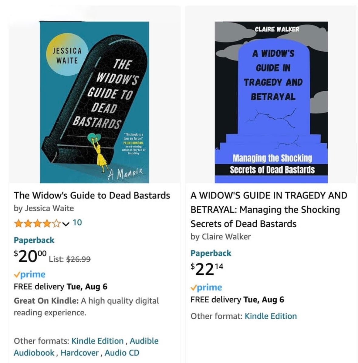 Amazon search results, two books with gravestone cover
