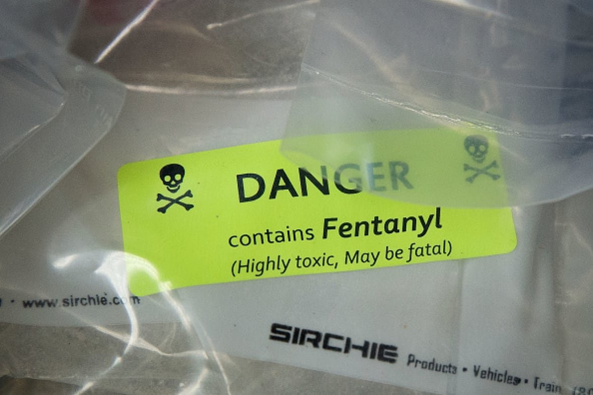 A plastic bag is shown with a green sticker with the label: Danger, contains fentanyl.