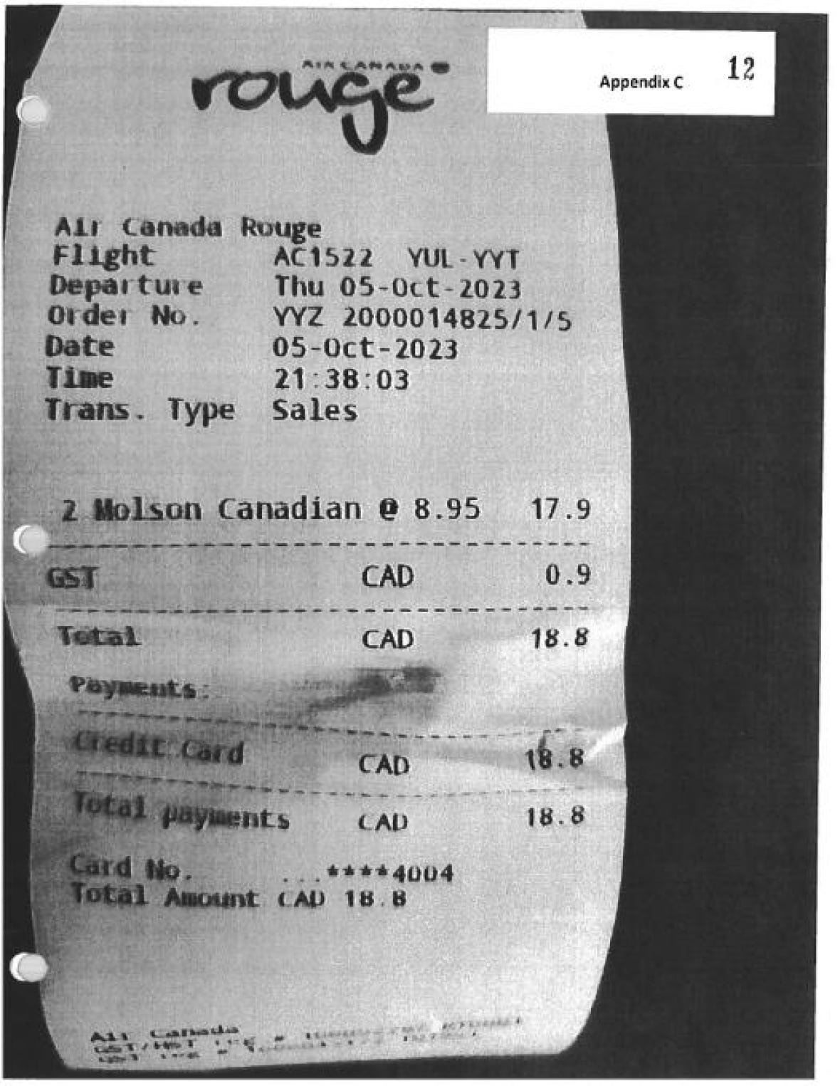 Scanned copy of a receipt submitted as evidence in a court case. 