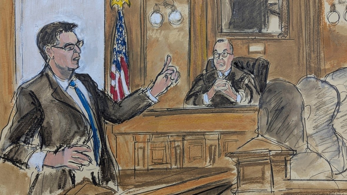 In a drawing, a man in a suit stands and speaks, his arm raised with one finger extended, while a judge listens on in the background and a row of silhouettes pays attention at the right side.
