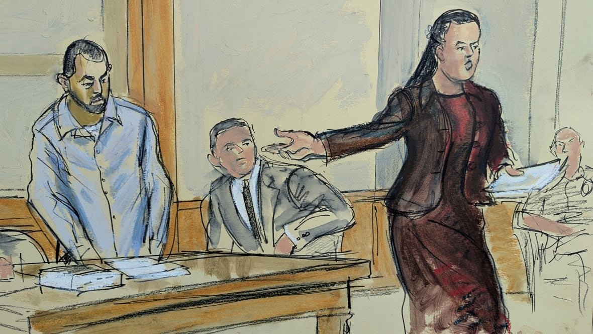 A sketch shows a man in the process of standing up behind a desk he was seated at, with a woman gesturing to him as she speaks.