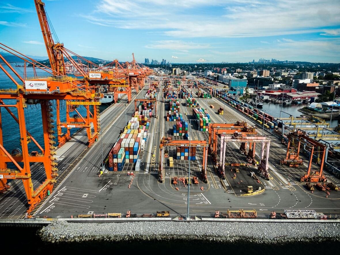 A large port, with cargo containers seen next to large cranes on a sunny day.
