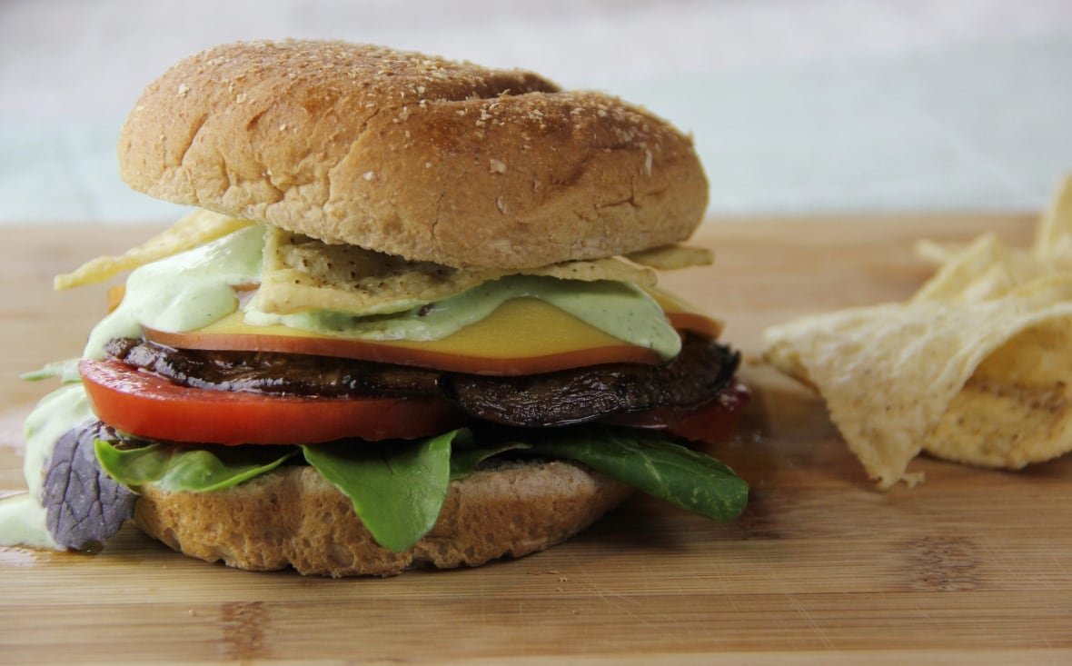 Closeup of portobello mushroom burger