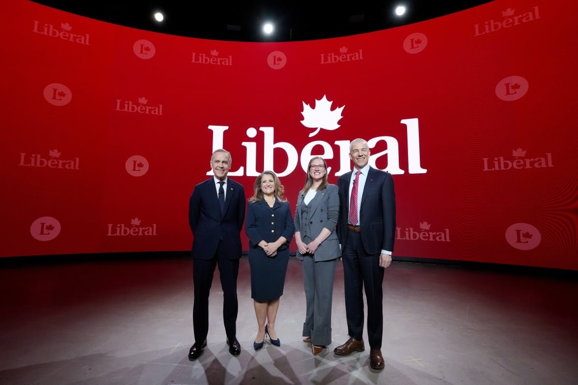 Liberal Party of Canada leadership candidates Mark Carney, Chrystia Freeland, Karina Gould and Frank Baylis pose prior to the French-language Liberal Leadership debate in Montreal, Monday, Feb. 24, 2025. The Federal Liberals will pick a new leader on March 9.