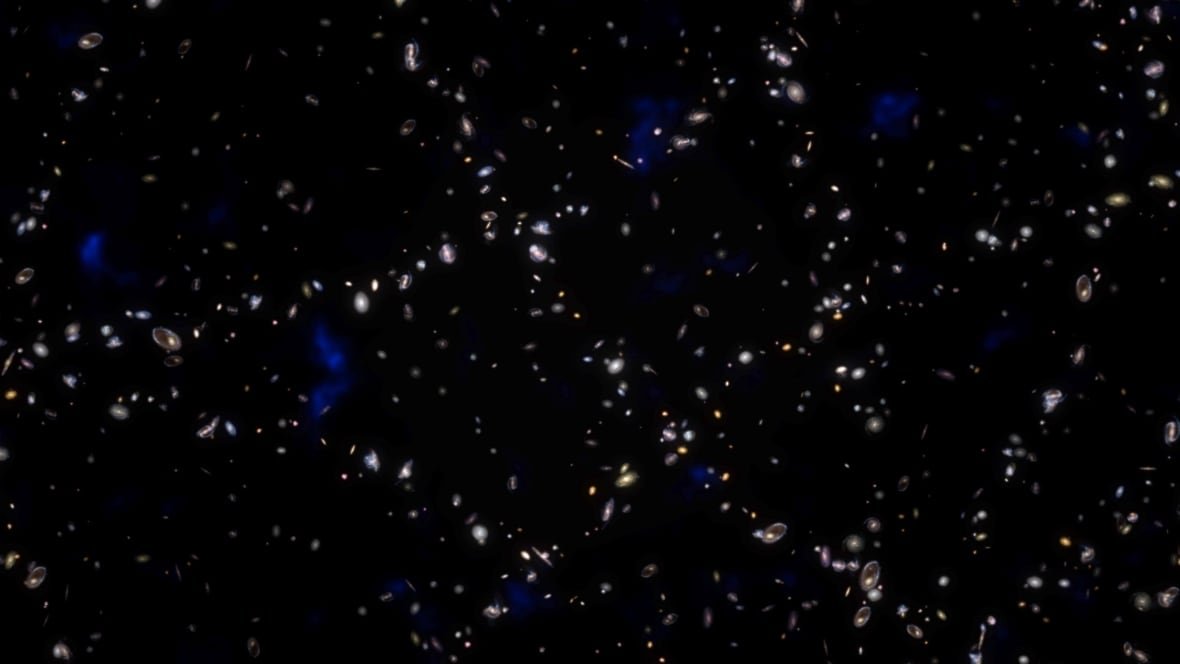 Galaxies are laid out along the edges of a web-like netting with large voids of empty space in the holes. 