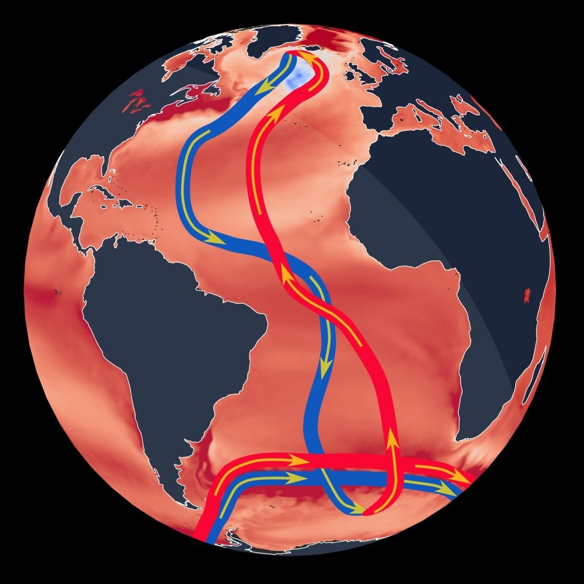 Image of the globe with a red ocean and red and blue lines representing currents.
