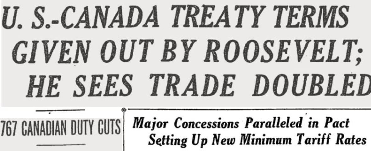 Old newspaper headline says 'US-Canada treaty terms given out by Roosevelt: He sees trade doubled'