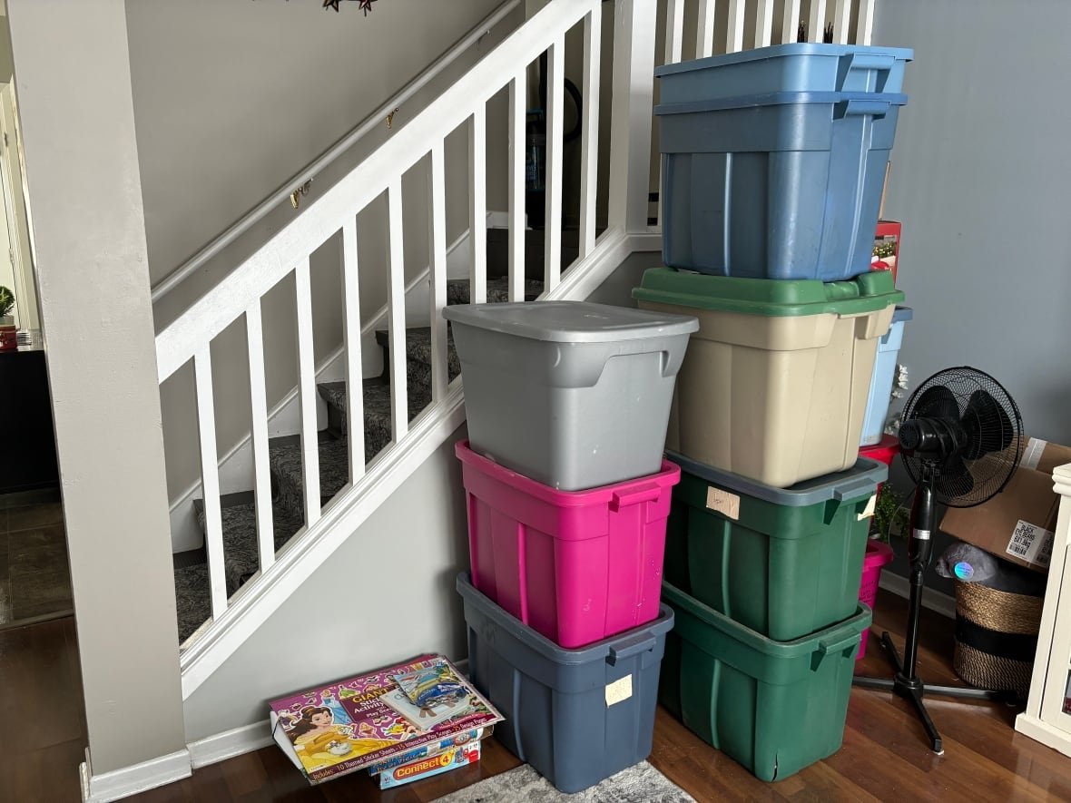 A stack of moving boxes.