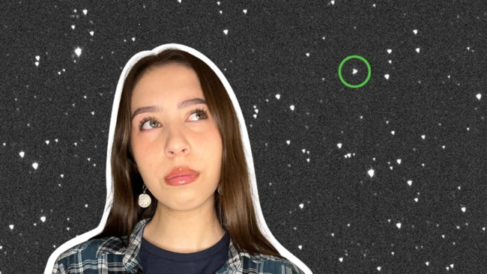 A cutout of a teenager set against the background of a telescope image of a small asteroid, marked by a green circle.
