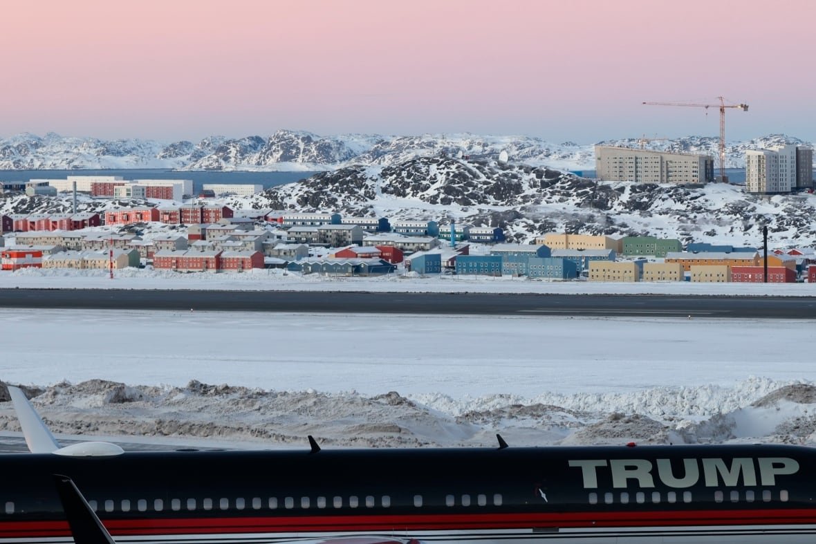 An airplane with the name TRUMP is seen landing on a wintery landscape.
