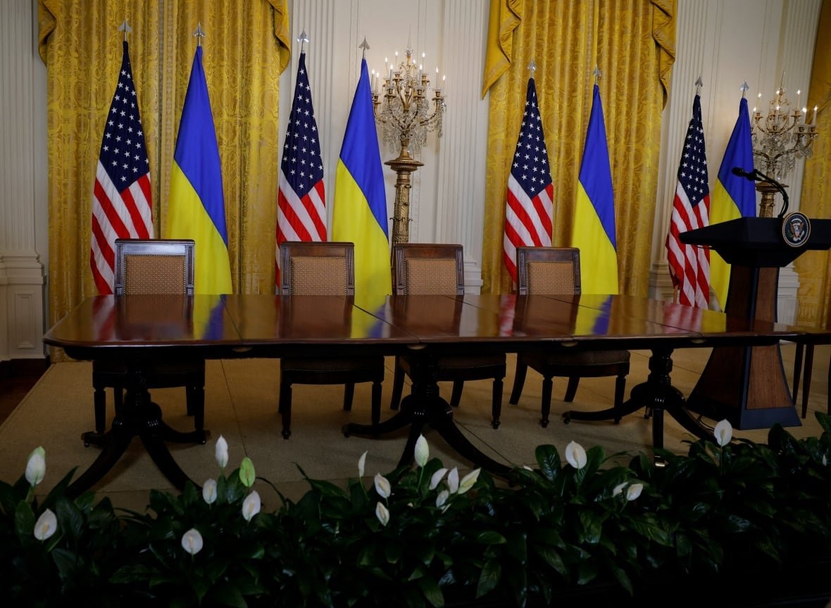 Chairs stand empty at the site of the planned agreement signing and press conference, which was cancelled as Ukrainian President Volodymyr Zelenskiy departed the White House following a fiery Oval Office meeting with U.S. President Donald Trump, in Washington, D.C., U.S., February 28, 2025.