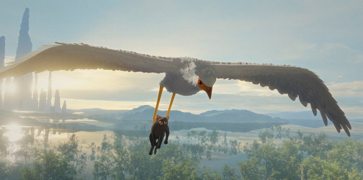 A large white bird carries a black cat in its feet as it flies high above a flooded landscape, in this screenshot from an animated film. 