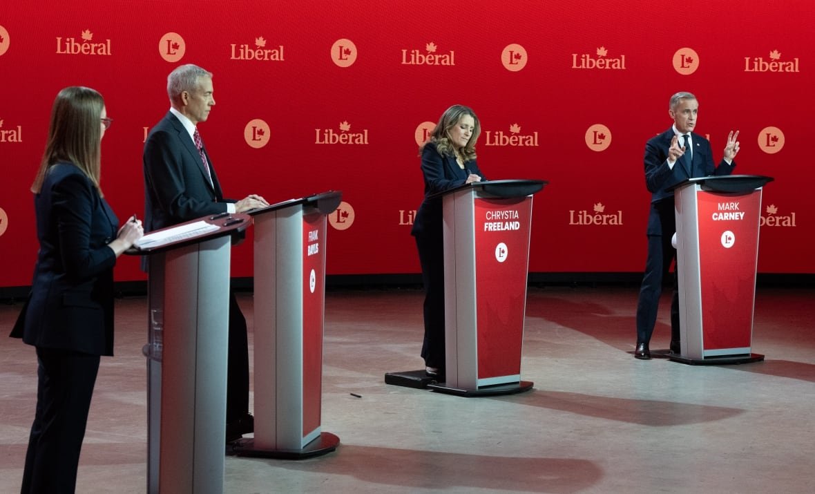 Liberal Party of Canada leadership candidates Karina Gould, Frank Baylis, Chrystia Freeland and Mark Carney take part in the English-language Liberal Leadership debate in Montreal on Tuesday, Feb.25, 2025. The Federal Liberals will pick a new leader on March 9.