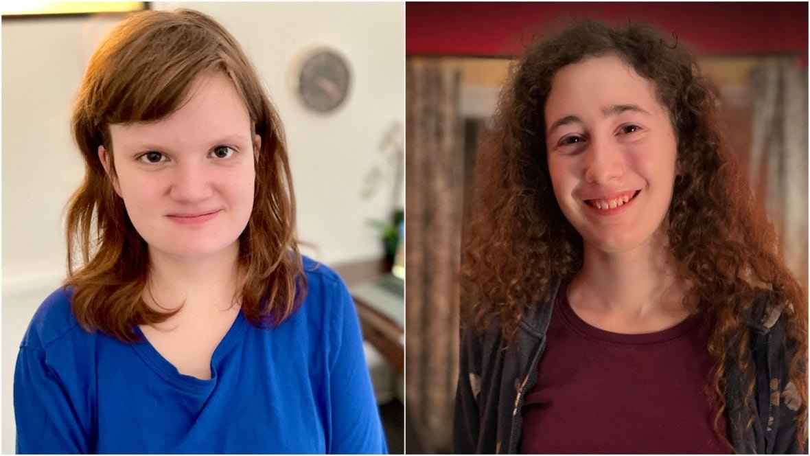 A composite showing indoor portraits of two smiling, elementary aged girls, one in a blue shirt at left, another in a maroon top and dark patterned shirt at right. 