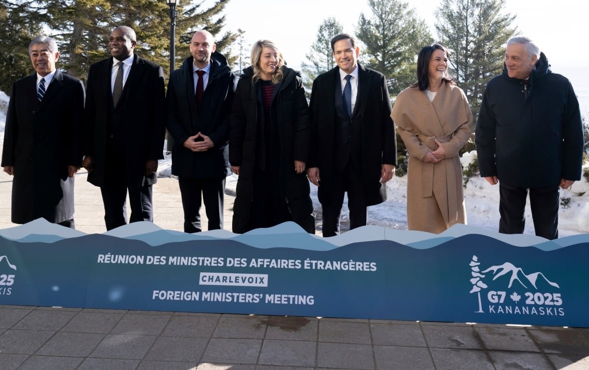 From L to R, Japanese Foreign Minister Takeshi Iwaya, British Foreign Minister David Lammy, French Foreign Minister Jean-Noel Barrot, Canadian Foreign Minister Melanie Joly, U.S. Secretary of State Marco Rubio, German Foreign Minister Annalena Baerbock and Italian Foreign Minister Antonio Tajani pose for the family photo during the G7 foreign ministers meeting in La Malbaie, Quebec, Thursday, March 13, 2025.