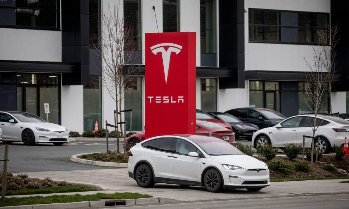 A Tesla showroom is pictured in Surrey, B.C, on Wednesday, March 19, 2025.