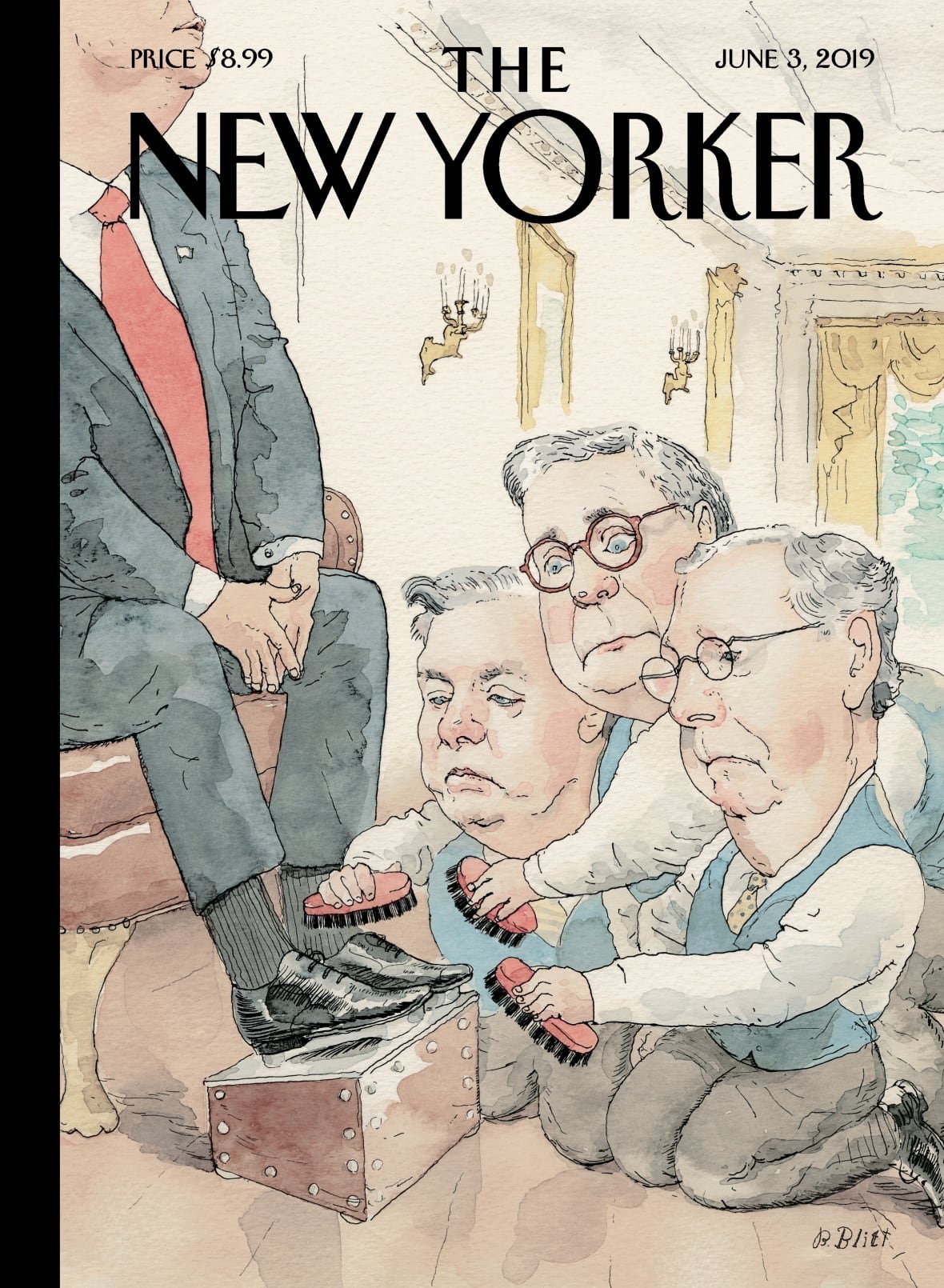 A cartoon of people cleaning Donald Trump's shoes.