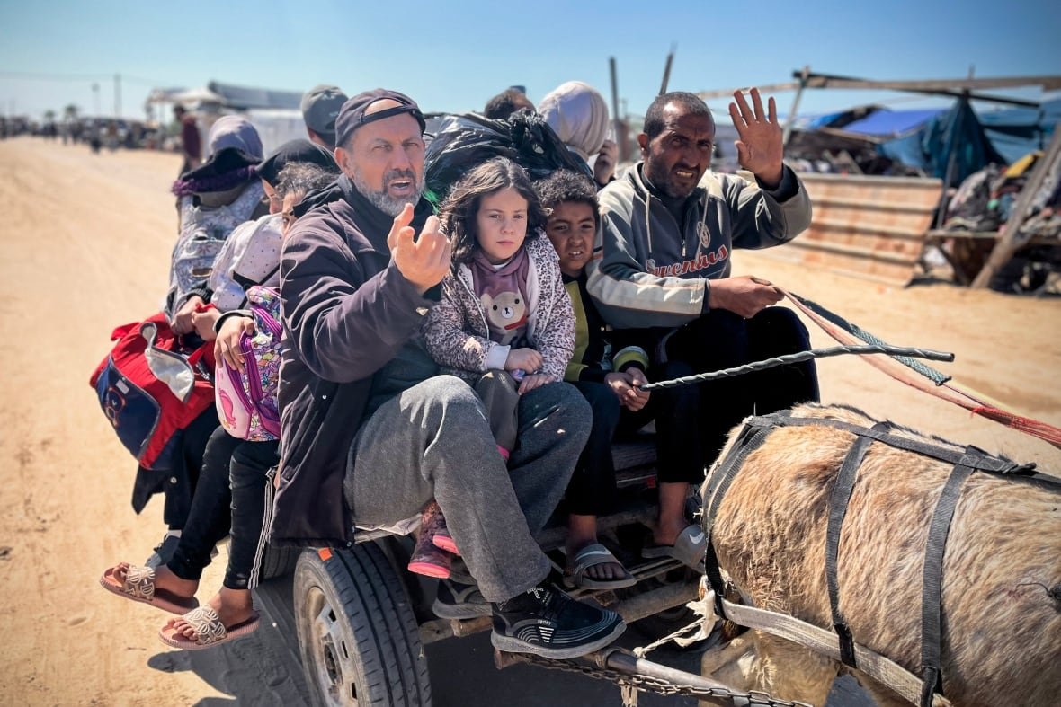 A group of people from a variety of ages sit in a donkey-drawn rickshaw.