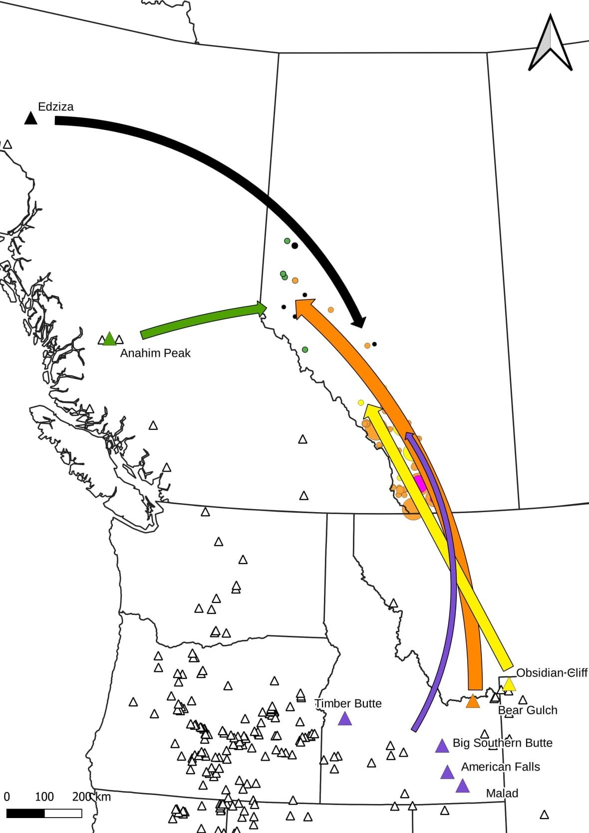 A graphic demonstrating the extend of the obsidian trade in the eastern slopes. The arrows track the specimens from their sources into regions across Alberta. 