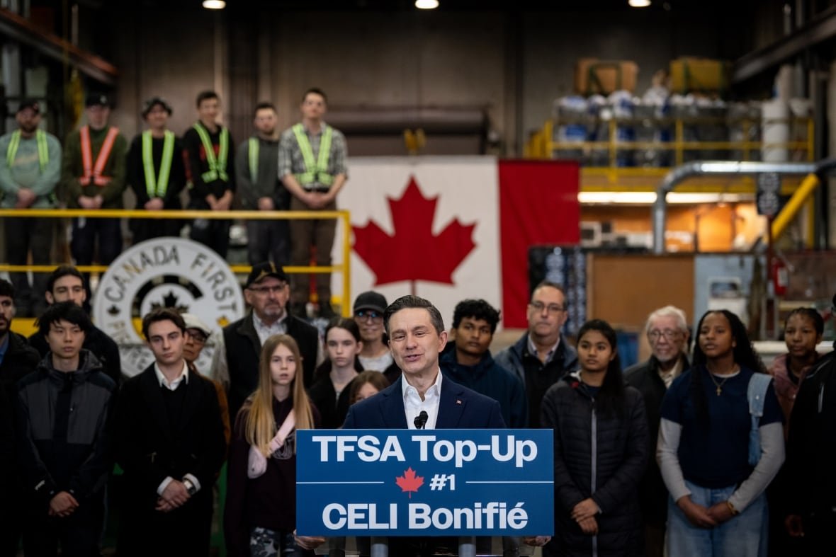 Conservative Leader Pierre Poilievre speaks during a campaign stop at Apollo Sheet Metal, in Coquitlam, B.C., on Thursday, March 27, 2025.