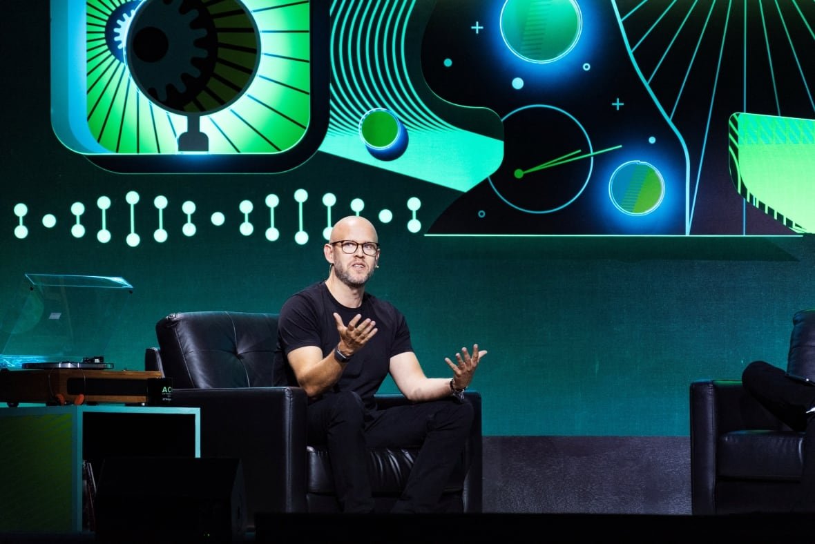 Spotify's co-founder and CEO Daniel Ek attends a live recording panel at Acquired, a technology podcast, at the Chase Center in San Francisco, California.