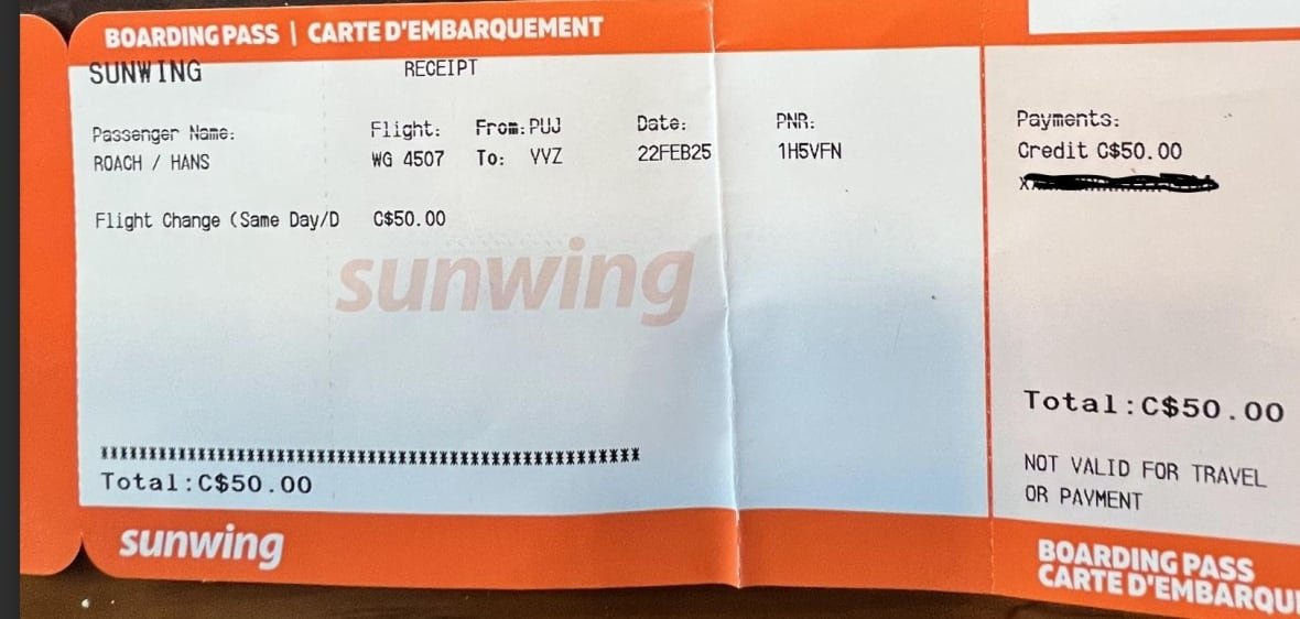 A receipt from Sunwing for a $50 change fee. 