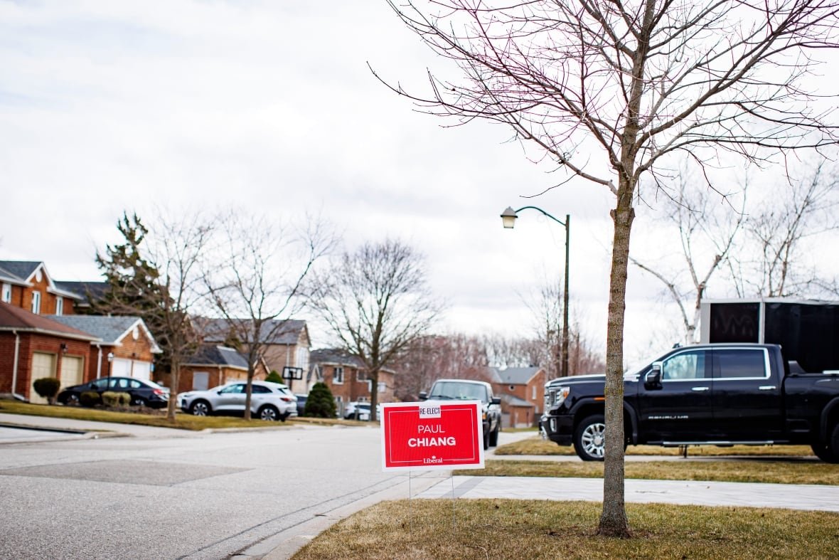 Campaign signs for Markham-Unionville incumbent candidate Paul Chiang are pictured near his constituency office, in Markham, Ont., on March 31, 2025.