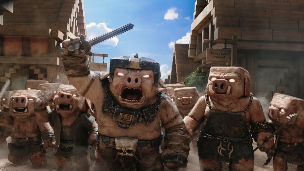 CGI pigs with warrior outfits let out a war cry.
