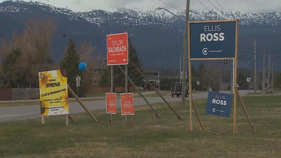 SIgns for Taylor Bachrach, NDP and Ellis Ross, Conservative.