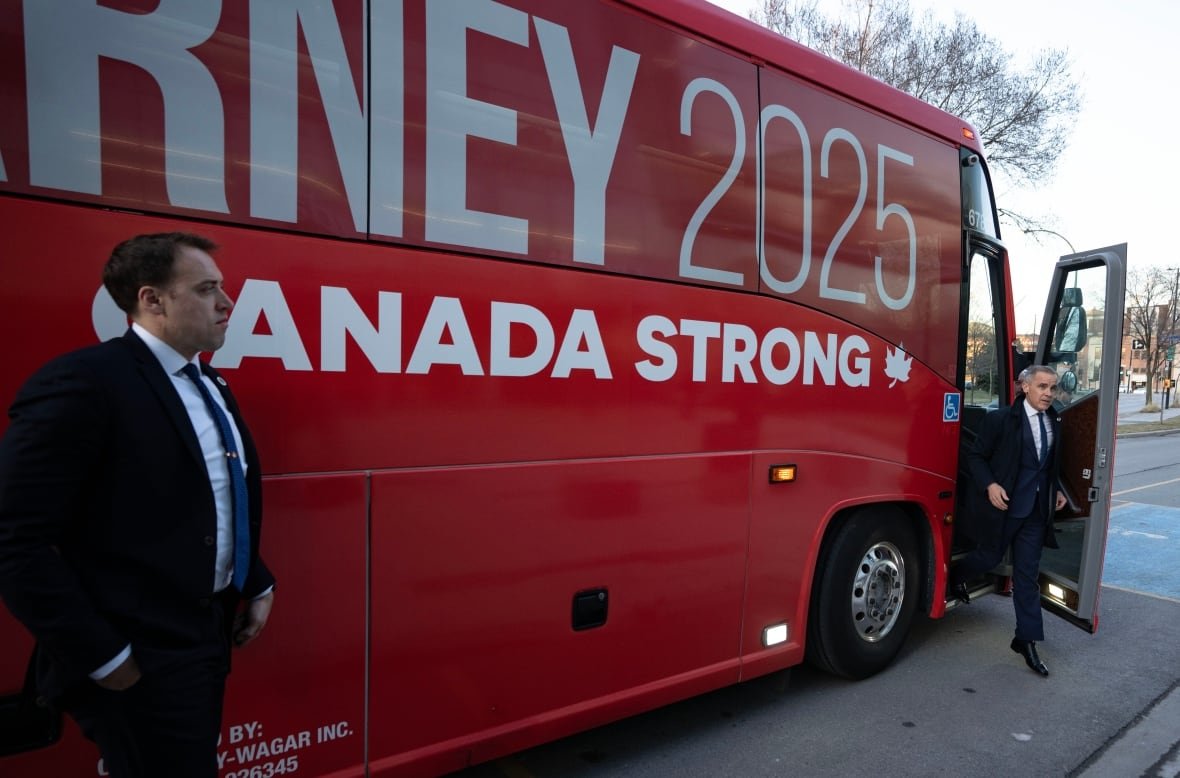 Liberal Leader Mark Carney arrives for a television interview at Maison de Radio Canada during a campaign stop in Montreal on Sunday, April 13, 2025.