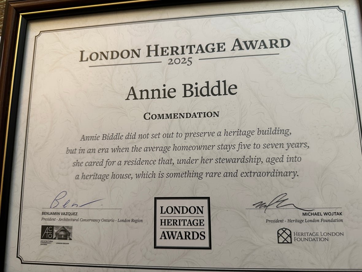 The commendation Biddle received during the 2025 London Heritage Awards ceremony at Museum London on April 9.