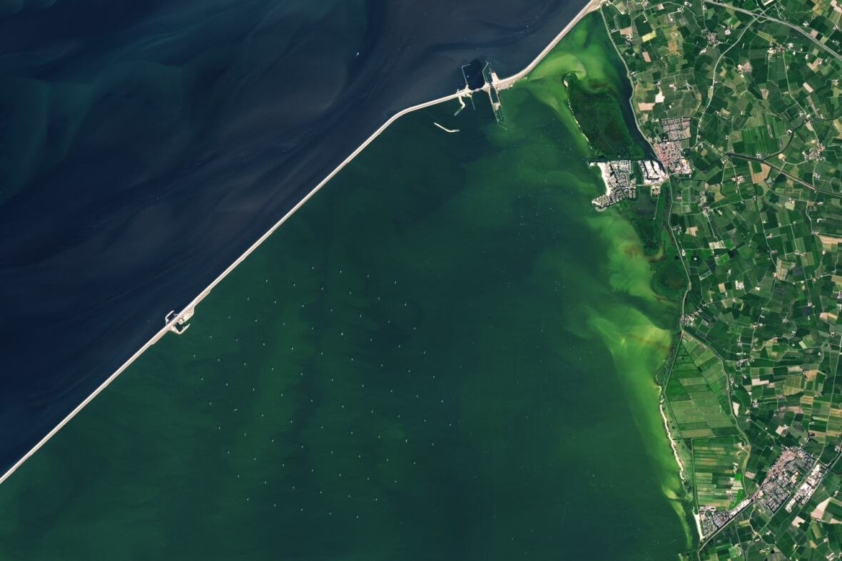 Satellite image of a lake with small white dots in a hexagonal shape