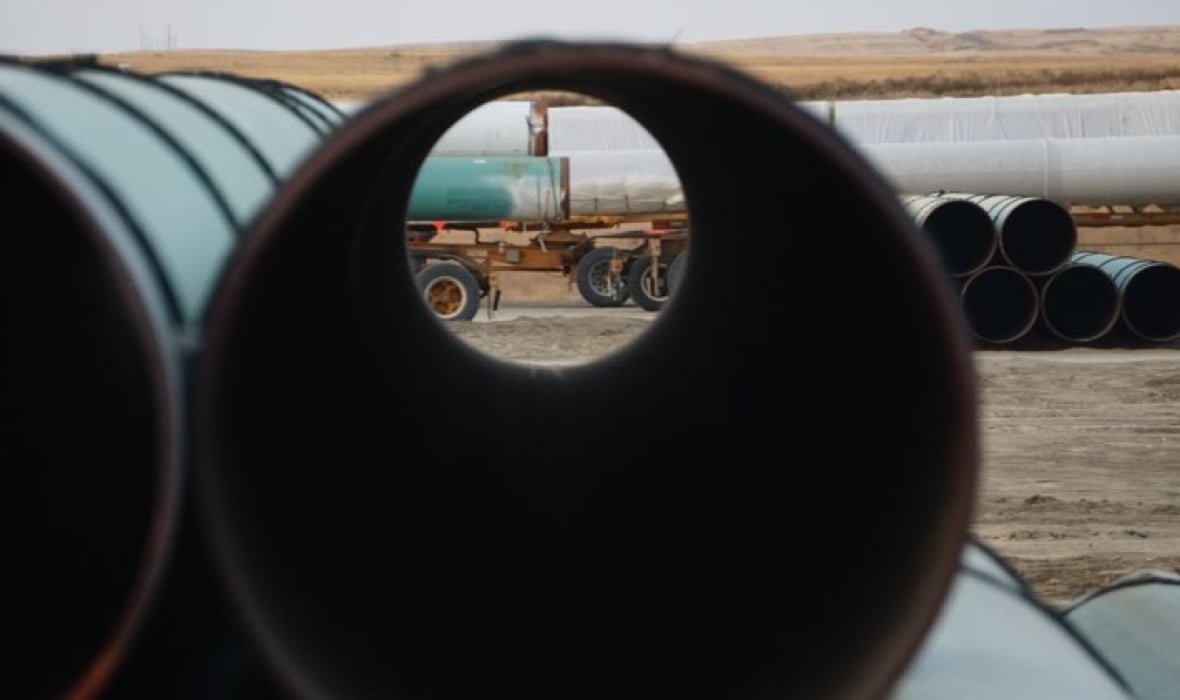 Pipe waiting to be used in construction of the Keystone XL pipeline in Alberta in September, 2020.