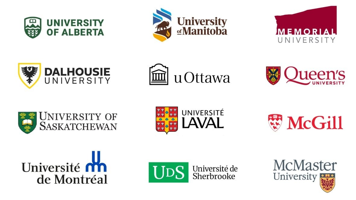 Graphics of logos of 12 Canadian universities.