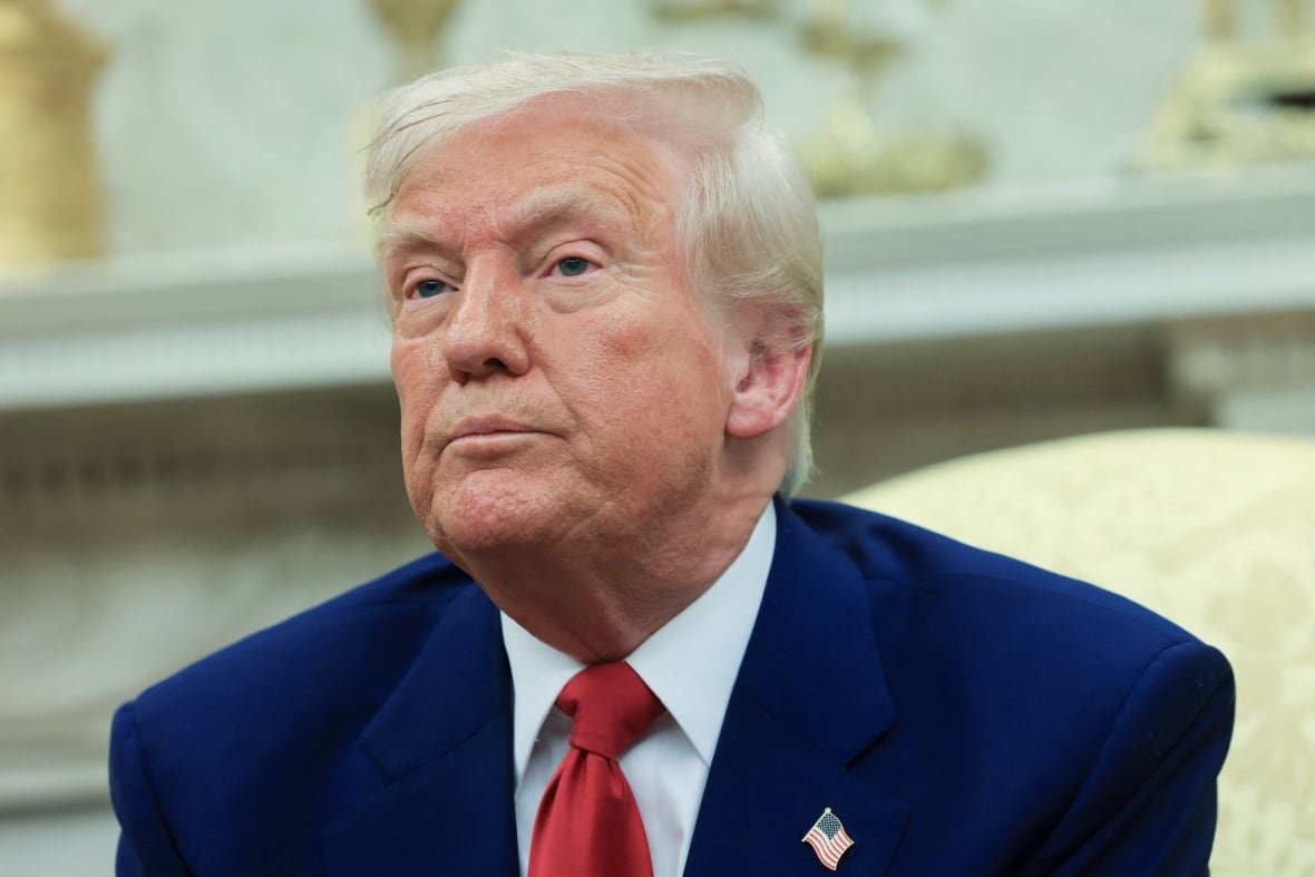 A close-up view of U.S. President Donald Trump's face.