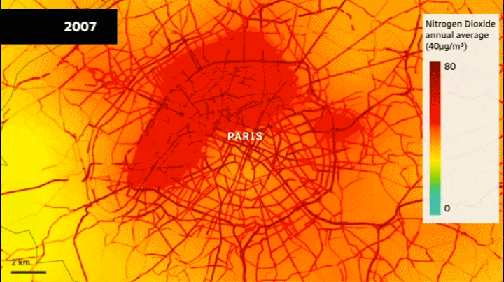 Animation of Paris NO2 levels 2017 to 2024