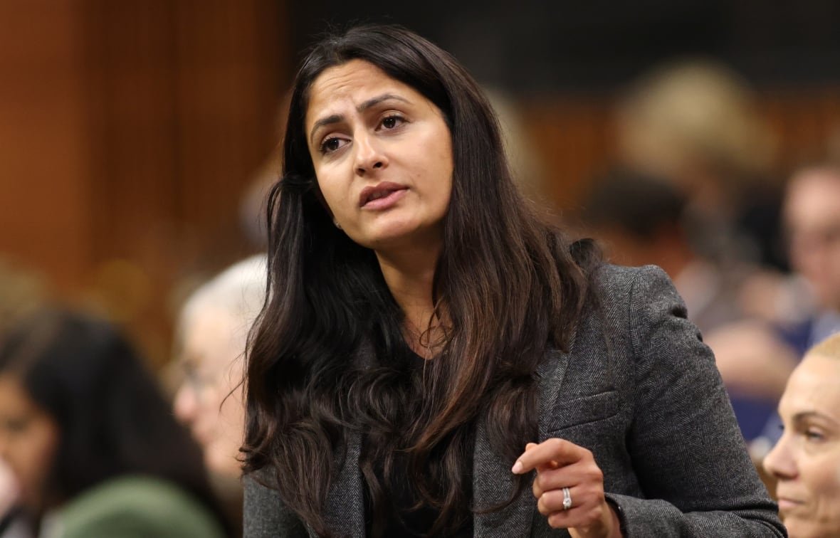 A woman with long brown hair, wearing a grey jacket, speaks in a room full of people.