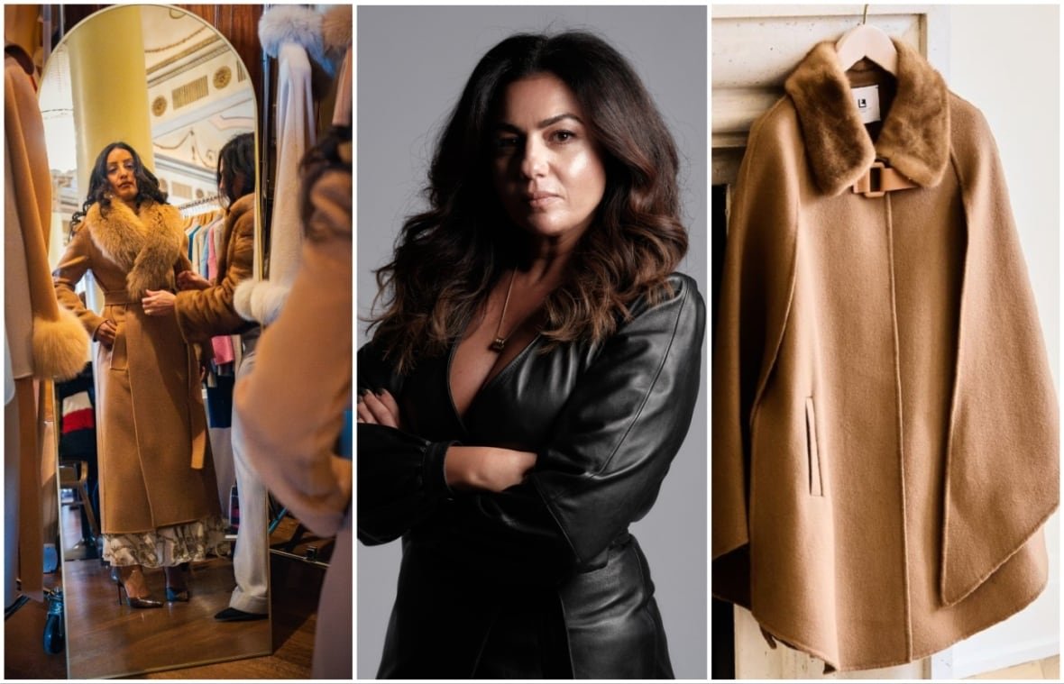 In this composite photo, a woman helps another try on a fur coat, left, a women poses in a leather outfit, centre, and a cape with fur collar is shown at right.
