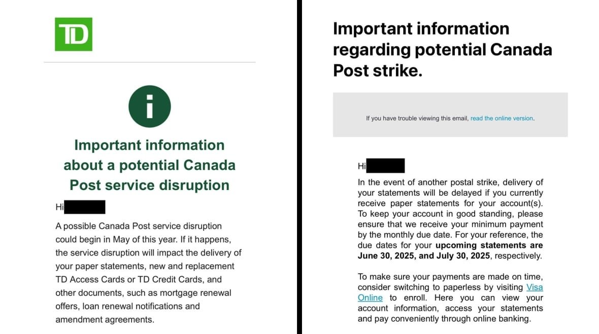 Screenshots of messages from financial institutions. the composite image shows two messages side by side from different institutions
