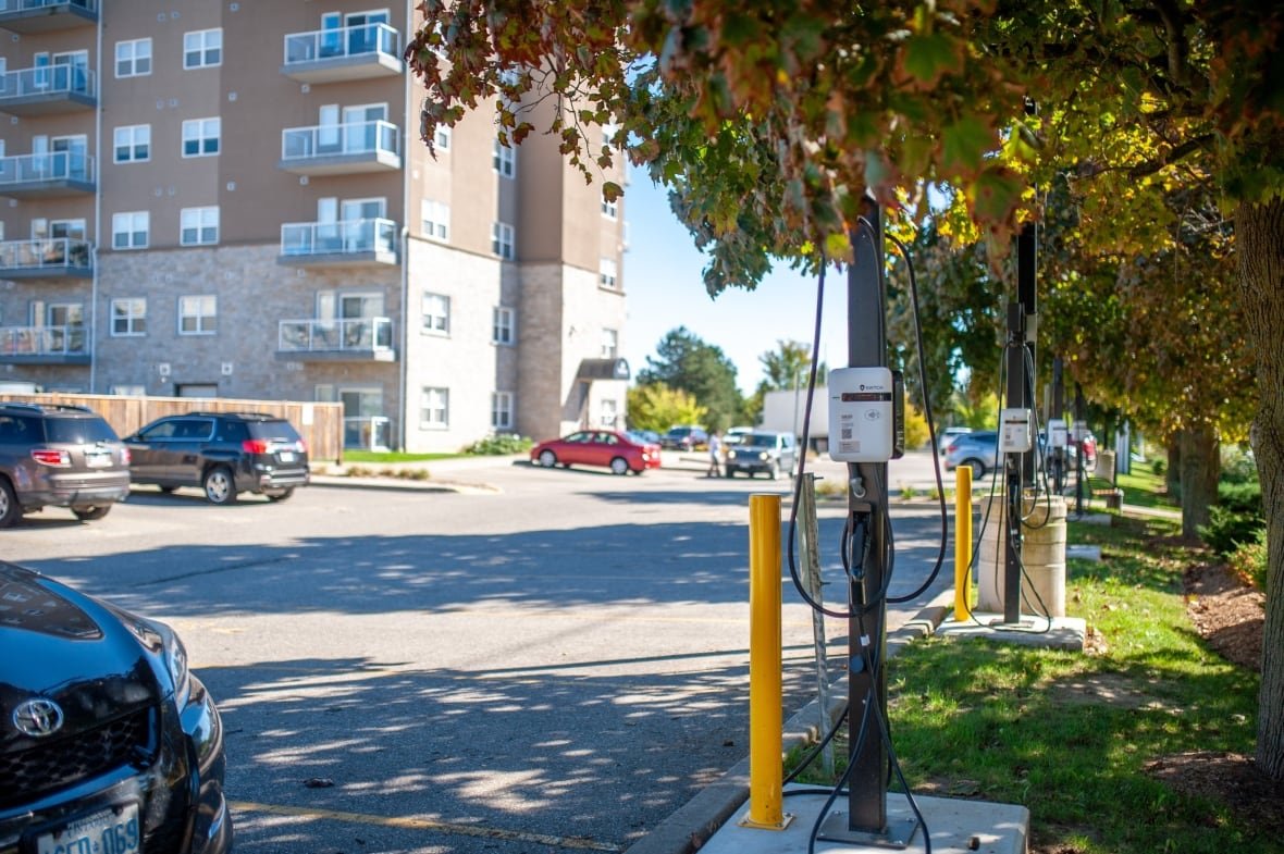 Row of EV chargers outside a highrise building